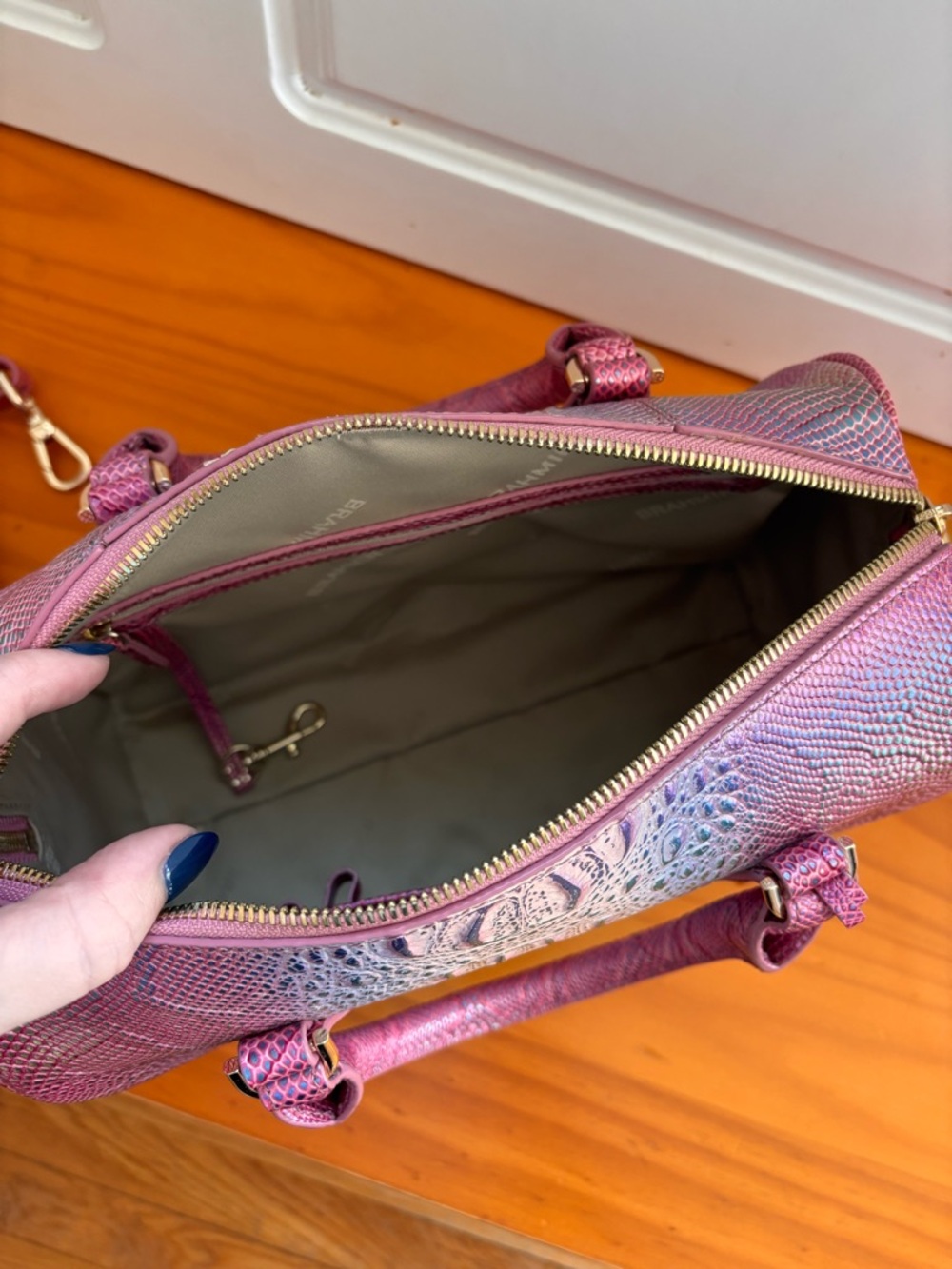 Brahmin Iridescent Pink Croc-Embossed Satchel - Picture 7 of 11